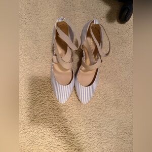 Striped Ankle Tie Wedges - Beige/White